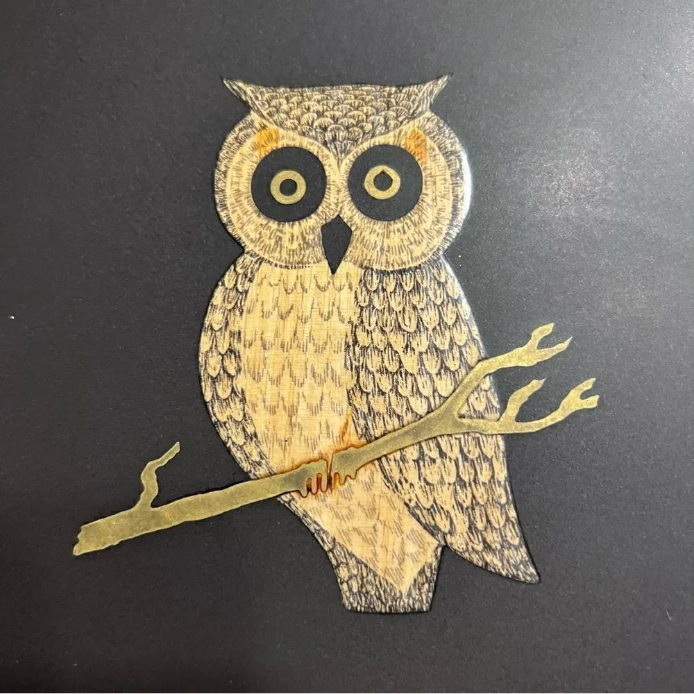 Vintage Mid Century Modern Couroc Of Monterey Inlaid Owl 10.5 Round Serving Tray